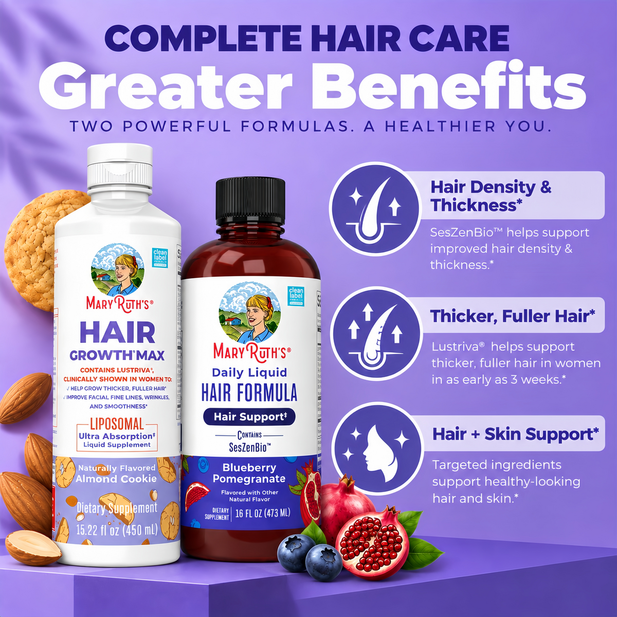 MARYRUTH'S Hair Growth Bundle, Daily Liquid Hair Formula + Hair Growth Max Liposomal, Thicker, Stronger Hair in Women, 10000mcg Biotin, 16oz + 15.22oz